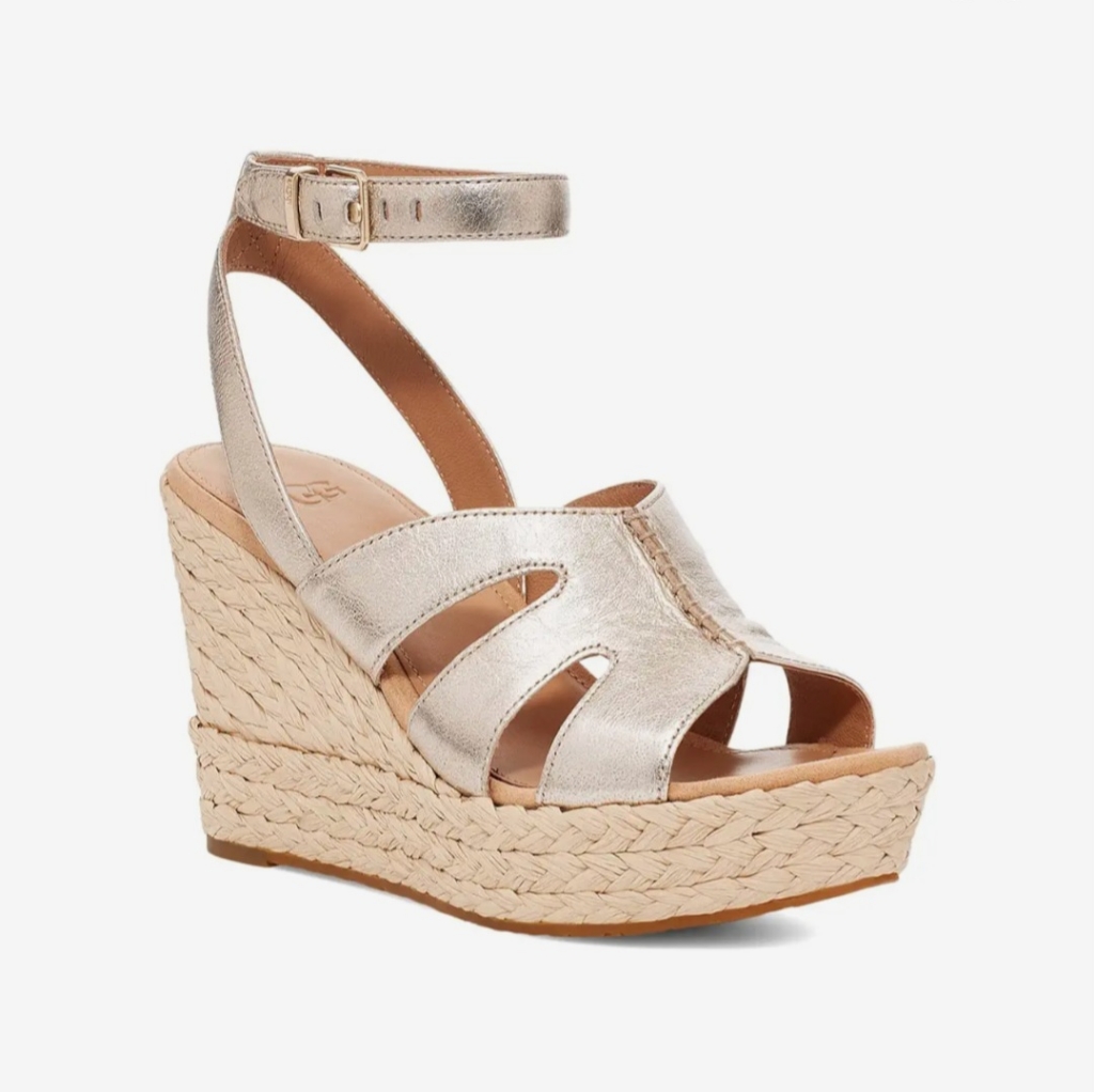 Careena Ugg Espadrille Gold Nude Metallic Wedge Sandals New Ankle Strap 10 Shoes